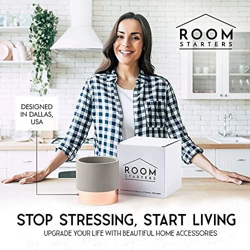 Room Starters Kitchen Utensil Holder for Countertop | Rustic Concrete/Steel Large Utensil Holder for Kitchen Counter | Organizer Caddy Crock (Copper) - Image 8