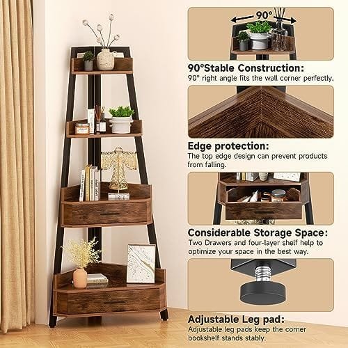 Elsie&Mi 55.1 Inch Tall Corner Shelf, 4-Tire 2 Drawers Corner Cabinet, Storage Rack for Living Room, Office, Kitchen, Basement, Bedroom, Rustic Brown - Image 8