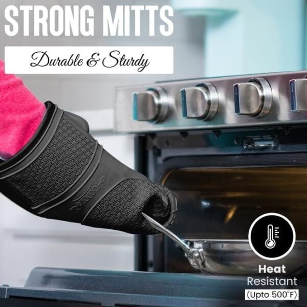 Foodobay Silicone Oven Mitts - 12.5” Jet Black Oven Mitts Heat Resistant 500F - Grippy Design,Soft Lining Silicone Oven Gloves - Oven Mits Set for Cooking Baking Kitchen Mittens Pot Holders Set of 2 - Image 5