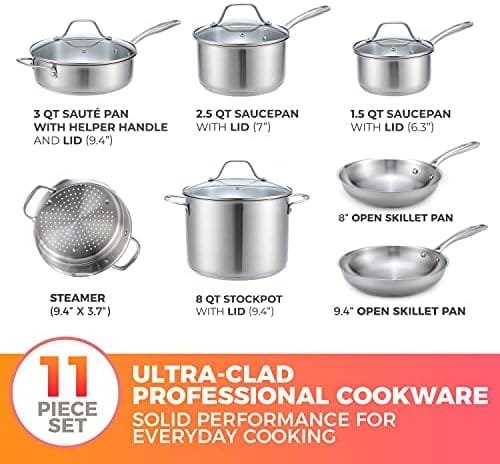 Mueller Pots and Pans Set 11-Piece, Ultra-Clad Pro Stainless Steel Cookware Set, Ergonomic and EverCool Stainless Steel Handle, Includes Saucepans, Skillets, Stockpot, Saute Pan, Steamer - Image 5