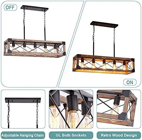 Airposta Kitchen Island Lighting, 33.5-Inch 5 Lights Farmhouse Linear Chandelier for Dining Room Pool Table Pendant Light Fixture, Rustic Wood Grain Finish, Industrial Pendant Light - Image 5