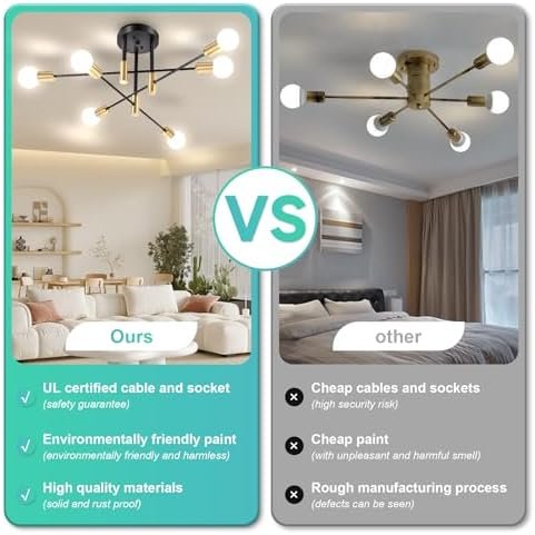 Sputnik Chandelier Modern Ceiling Light Fixture with 6 Lights Black Gold Mid Century Mount Ceiling Lights Fixture for Bedroom, Dining Room, Living Room, Kitchen, E26 Base, Bulbs Not Included - Image 6