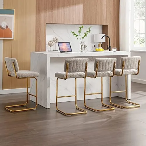 Zesthouse Mid-Century Counter Height Bar Stools Set of 2, 26 Inch Upholstered Boucle Fabric Counter Stools with Channel Tufting for Kitchen Island, Modern Armless Bar Chairs with Back & Gold Base - Image 8
