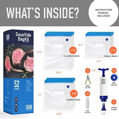 OUII Sous Vide Bags for Joule and Anova Cooker - 52 Pieces Kit with Vacuum Sealer Bags, Hand Pump, Clips - 3 Bag Sizes, Food Storage, Meal Prep - Fits Any Sous Vide Cooking Machine - Image 6