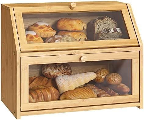 Bread Storage Farmhouse Bread Box For Kitchen Countertop Bread Container With Clear Window Breadbox Double Layer Bamboo Wooden Extra Large Capacity Bin Kitchen Food Storage Container(Trapezoid) - Image 2