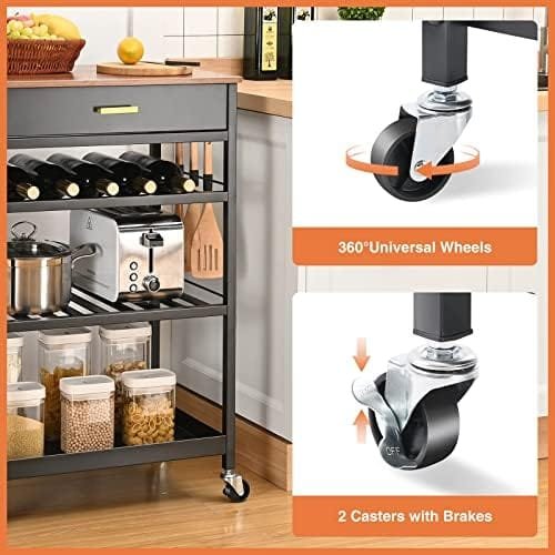 TOOLF Kitchen Island Cart with Drawer, Rolling Kitchen Service Cart with Wooden Tabletop, 3-Tier Storage Cart on Wheels, Storage Trolley Cart with Hooks for Kitchen, Dining Room - Image 4