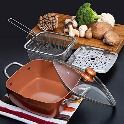 Moss & Stone Copper 7 pcs Set Chef Cookware Non Stick Pan, Deep Square Pan, Round Pot, Fry Basket, Steamer Tray, Dishwasher & Oven Safe, 5 Quart Copper Pot Set, Copper Induction Cookware Set - Image 10