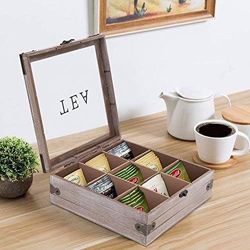 handrong Wooden Tea Box Organizer Wood Tea Storage Box Chest Rustic Tea Bag Holder Rack Storage Container Tea Caddy for Coffee Tea Sugar Sweeteners Creamers Drink Pods Packets (Gray) - Image 3