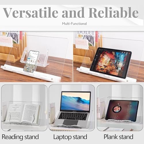 Acrylic Book Stand,Book Stand Ajustable,Book Display Stand with Pen Slot Foldable Desktop Handsfree Book Holder for Reading Writing Drawing Cookbook Clear with Page Clips - Image 5
