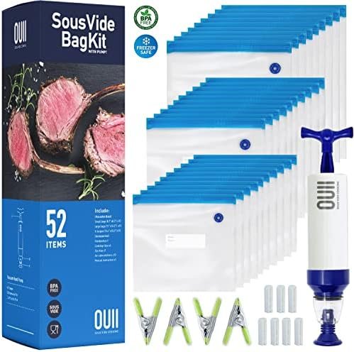 OUII Sous Vide Bags for Joule and Anova Cooker - 52 Pieces Kit with Vacuum Sealer Bags, Hand Pump, Clips - 3 Bag Sizes, Food Storage, Meal Prep - Fits Any Sous Vide Cooking Machine - Image 2