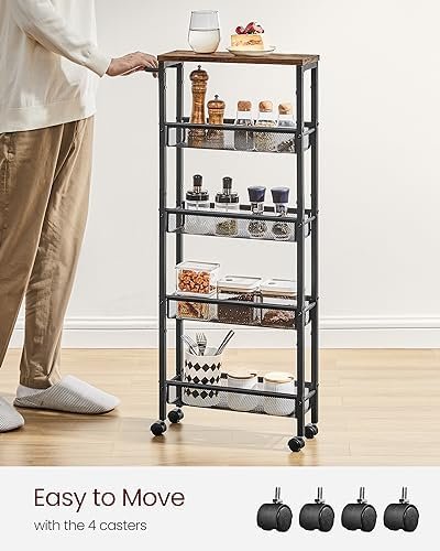 VASAGLE Slim Rolling Cart, 5-Tier Storage Cart, Narrow Cart with Handle, 5.1 Inches Deep, Metal Frame, for Kitchen, Dining Room, Living Room, Home Office, Rustic Brown and Black ULRC034B01 - Image 6