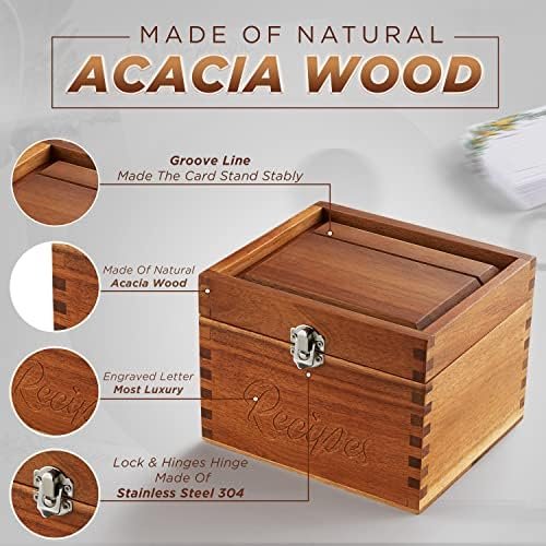Tidita Acacia Wood Recipe Box with Cards - Blank Recipe Box Wooden Set Come with 100 4x6 Recipe Cards, 8 Dividers. Perfect Recipe Organizer (Acacia Wood) - Image 3