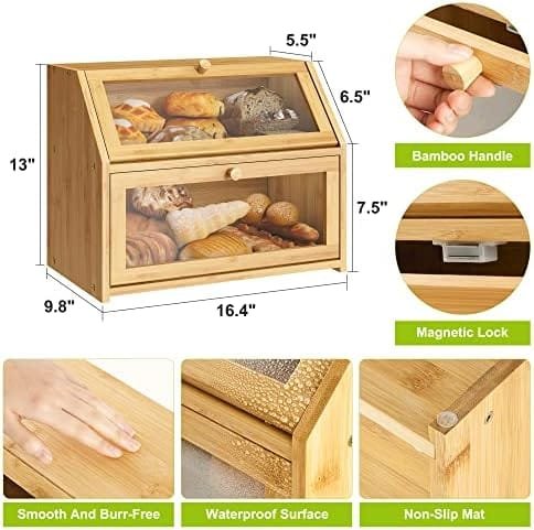 Bread Storage Farmhouse Bread Box For Kitchen Countertop Bread Container With Clear Window Breadbox Double Layer Bamboo Wooden Extra Large Capacity Bin Kitchen Food Storage Container(Trapezoid) - Image 7