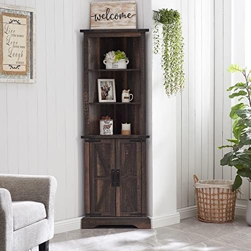 OKD Tall Corner Cabinet, Farmhouse Storage Cabinet with Barn Door Design & Adjustable Shelves, Home Space Saver for Bathroom, Living Room, Laundry Room, Dark Rustic Oak - Image 2