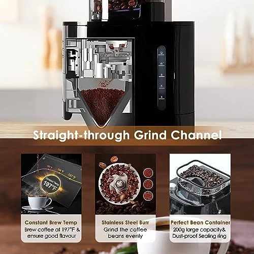 10-Cup Drip Coffee Maker with Touch Screen,Built-In Burr Coffee Grinder, Automatic Grind and Brew,Warming Plate for Home and Office,1.5L Large Capacity Water Tank, Removable Filter Basket, 900W - Image 7