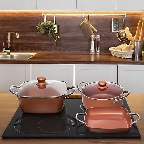 Moss & Stone Copper 7 pcs Set Chef Cookware Non Stick Pan, Deep Square Pan, Round Pot, Fry Basket, Steamer Tray, Dishwasher & Oven Safe, 5 Quart Copper Pot Set, Copper Induction Cookware Set - Image 4