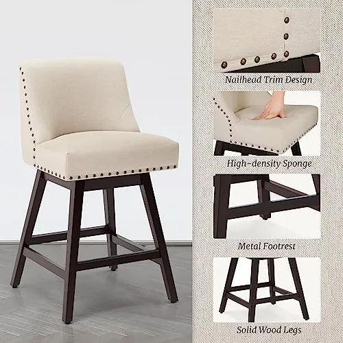 Cozyman 26 Inch Bar Stools Set of 3, Linen Color Swivel Counter Stools with Back, Linen Fabric Upholstered Barstools, Solid Wood Legs with Footrest, Modern Bar Stool for Kitchen Island, Pub - Image 6