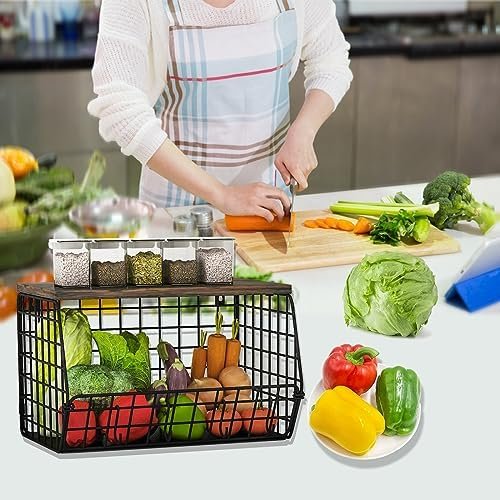 LUUDTAI Hanging Fruit Basket, Stackable Wall Mounted Fruit Baskets, Hanging Wire Basket with Wood Lid, Potato and Onion Storage Bin, Stackable Kitchen Wire Baskets for Fruit Veggies Produce Snack - Image 6