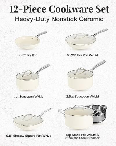 Gotham Steel 12 Pc Pots and Pans Set Non Stick Cookware Set, Pot and Pan Set, Kitchen Cookware Sets, Ceramic Cookware Set, Nonstick Cookware Set, Pot Set with Lids, Dishwasher Safe, Cream White - Image 3