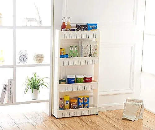Basicwise QI003220 Slim Storage Cabinet Organizer 4 Shelf Rolling Pull Out Cart Rack Tower with Wheels, White - Image 4