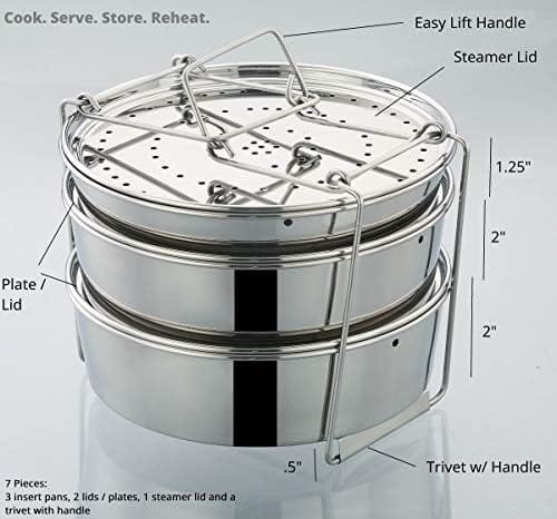 Dubbas - Premium Quality 3 Tier Stainless Steel Stacking Insert Pans/Steamer Compatible with 6 & 8 Quart Instant Pot Cooker PIP w/Lids/Plates & Trivet/Sling to Cook, Serve, Store & Reheat - Image 5