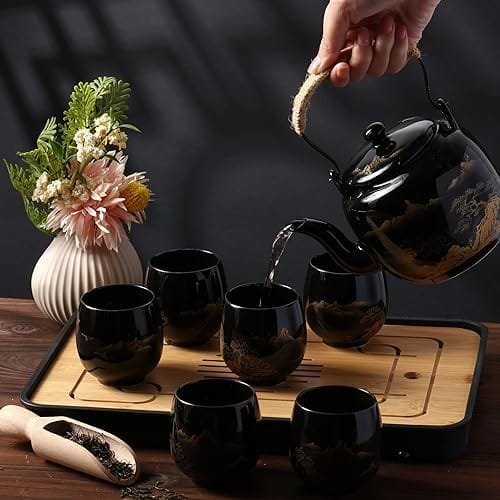 Hushee Japanese Tea Set in Gift Box Asian Tea Set Magic Teapot with 1 Teapot, 6 Tea Cups, 1 Tea Tray, 1 Stainless Infuser, Black Ceramic Chinese Porcelain Tea Set Gift for Tea Adult Lover Office Home - Image 4