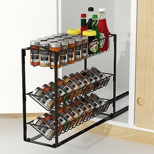 Pull Out 3-Tier Spice Rack - Sliding Organizer for Kitchen Cabinets, Under Sink Shelf, Slide Out Racks for Storage, Cabinet Organization in Kitchen, Heavy Duty Slide Out Seasoning Kitchen Organizer. - Image 2