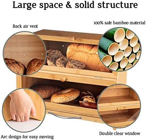 MAISONPEX Double Layer Bamboo Bread Box for Kitchen Countertop, Cutting Board, and Stainless Steel Bread Knife, Large Capacity Storage Container with Clear Windows (Self-Assembly) - Image 3