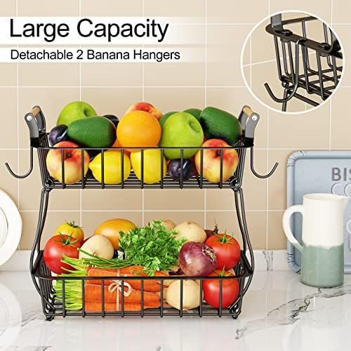 Alebew 2 Tier Fruit Basket Bowl with 2 Banana Hangers for Kitchen Counter, Countertop Fruits Produce Storage Basket Metal Vegetable Holder Stand Organizer for Bread Snack Veggies Potato, Black - Image 3