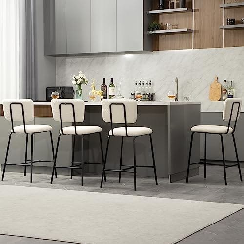 Bar Stools Set of 4 Counter Height Bar Stools : Upholstered Boucle Fabric Bar Stool for Kitchen Bistro Pub Armless Modern Bar Chair with Metal Base for Dining Room Kitchen Island - Image 2