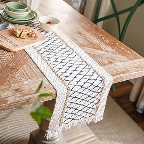 Table Runner, Boho Table Runner Cotton Linen Table Decorations, Farmhouse Table Runners with Tassels for Bohemian Wedding Bridal Shower Rustic Home Dining Table (Black/Grid/A, 12x72) - Image 2
