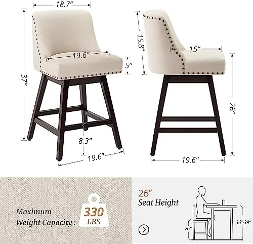 Cozyman 26 Inch Bar Stools Set of 3, Linen Color Swivel Counter Stools with Back, Linen Fabric Upholstered Barstools, Solid Wood Legs with Footrest, Modern Bar Stool for Kitchen Island, Pub - Image 3