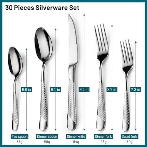 Meythway 30-Piece Modern Hammered Silverware Set For 8, Stainless Steel Flatware Utensil Set with Ultra Sharp 2-IN-1 Serrated Knife, Cutlery Set Servie for 6, Mirror Polished, and Dishwasher Safe - Image 8