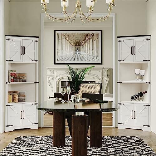 JXQTLINGMU Farmhouse Corner Cabinet, Tall Corner Bathroom Storage Cabinet with Barn Door Design & Adjustable Shelves, for Laundry Room, Living Room, Kitchen,(White) - Image 6