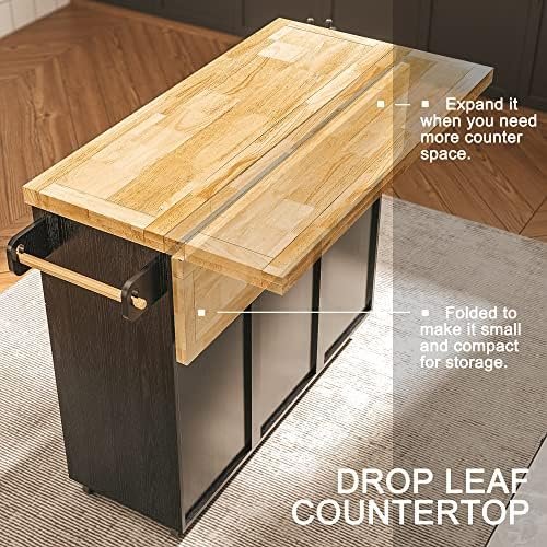 IRONCK Rolling Kitchen Island Cart with Drop-Leaf Countertop, Barn 3Drawers, Barn Door Style Cabine,Thicker Rubberwood Top, Spice Rack, on Wheels, for Kitchen and Dining Room, Black - Image 4
