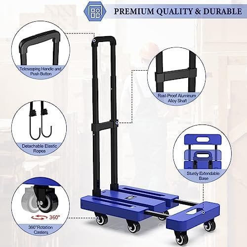 SOYO Folding Hand Truck, 500lbs Heavy Duty Dolly, Portable 6 Wheels Collapsible Luggage Cart with 2 Elastic Ropes for Moving, Travel, Shopping, House Office Use, Blue - Image 4