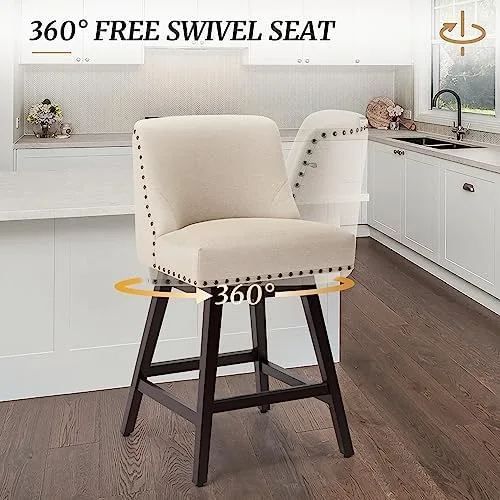 Cozyman 26 Inch Bar Stools Set of 3, Linen Color Swivel Counter Stools with Back, Linen Fabric Upholstered Barstools, Solid Wood Legs with Footrest, Modern Bar Stool for Kitchen Island, Pub - Image 4