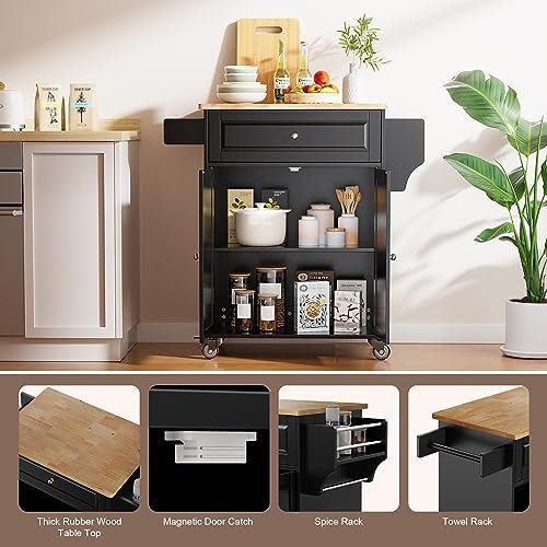 Gizoon Kitchen Island Cart on Wheels, 25.6" Wooden Top Rolling Kitchen Island with Drawer, Spice Rack Towel Bar, 2 Door Cabinets, Mobile Microwave Cart for Dining Room, Home Bar, Black - Image 5