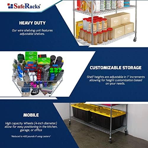 SafeRacks NSF Certified Storage Shelves, Heavy Duty Steel Wire Shelving Unit with Wheels and Adjustable Feet, Used as Pantry Shelf, Garage or Bakers Rack Kitchen Shelving - (18"x60"x72" 4-Tier) - Image 7