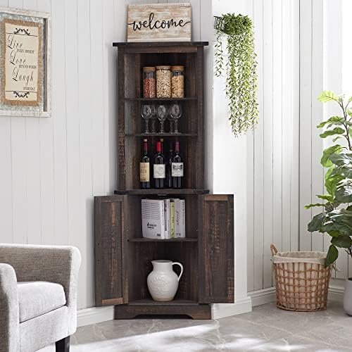 OKD Tall Corner Cabinet, Farmhouse Storage Cabinet with Barn Door Design & Adjustable Shelves, Home Space Saver for Bathroom, Living Room, Laundry Room, Dark Rustic Oak - Image 7