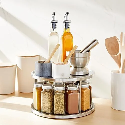 2 Tier Lazy Susan Turntable Organizer for Cabinet, Revolving Spice Rack Carousel for Kitchen Pantry Storage, Stainless Steel (10.5 in) - Image 4