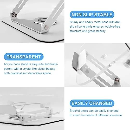 Acrylic Book Stand for Reading, Clear Cookbook Holder with 360° Rotating Base, Foldable Desktop Riser for Textbook, Cookbook, Recipe, with 2 Bookmark - Image 9