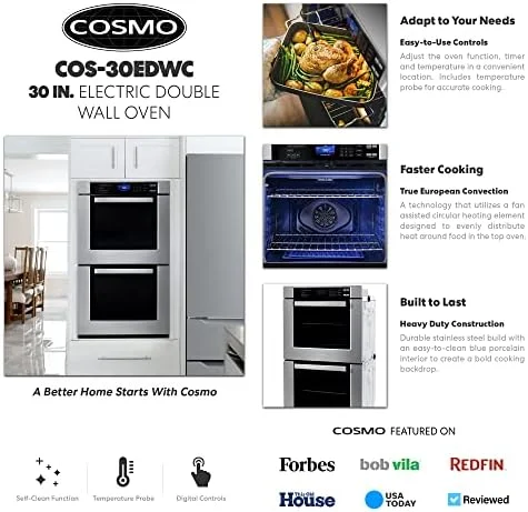 COSMO COS-30EDWC 30 in. Electric Double Wall Oven with 5 cu. ft. Capacity, Turbo True European Convection, 7 Cooking Modes, Self-Cleaning in Stainless Steel - Image 4