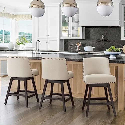 Cozyman 26 Inch Bar Stools Set of 3, Linen Color Swivel Counter Stools with Back, Linen Fabric Upholstered Barstools, Solid Wood Legs with Footrest, Modern Bar Stool for Kitchen Island, Pub - Image 2