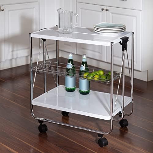 Honey-Can-Do Modern Foldable Kitchen Cart with Wheels and Metal Basket, White/Chrome CRT-09606 White - Image 2