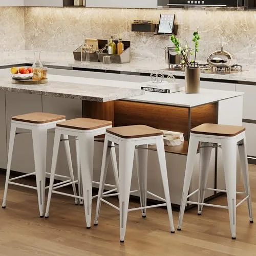 Alunaune 24" Metal Bar Stools Set of 4 Industrial Backless Counter Height Barstools Kitchen Patio Stool Stackable with Wooden Seat- White - Image 2