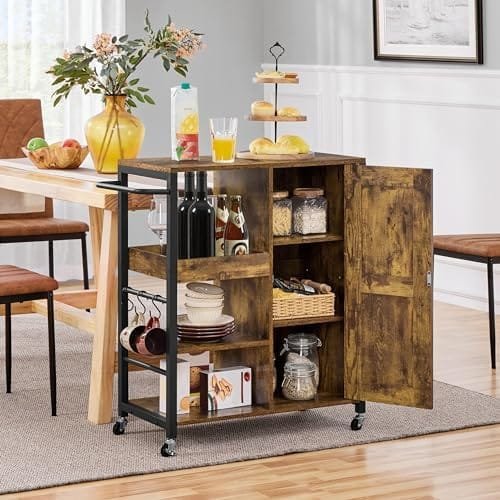 Yaheetech Kitchen Island Cart on Wheels, Rolling Serving Utility Trolley Cart with Storage Cabinet and Adjustable Shelves, Cupboard with Barn Door & S-Hooks for Dining Room/Living Room, Rustic Brown - Image 4