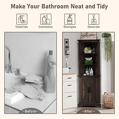 OKD Tall Corner Cabinet, Farmhouse Storage Cabinet with Barn Door Design & Adjustable Shelves, Home Space Saver for Bathroom, Living Room, Laundry Room, Dark Rustic Oak - Image 3