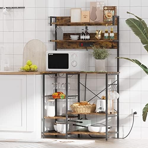 Wodeer Kitchen Baker's Rack with Power Outlet, Microwave Oven Stand, Storage Shelf with Wire Basket & Wine Glass Holder, 8-Tier Utility Coffee Bar Station for Spice Rack Organizer,Rustic Brown - Image 3