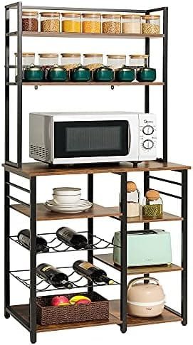 Iwell Kitchen 6-Tier Baker's Rack, Microwave Stand, Coffee Bar Cabinet with Wine Rack, Utility Storage Shelf for Living Room, Dining Room, Vintage Brown - Image 2